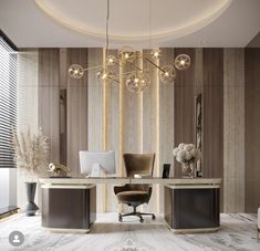 an elegant office with marble floors and walls, along with a chandelier that hangs from the ceiling