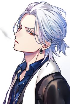 an anime character with white hair and blue eyes, wearing black leather jacket and earrings