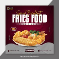 a flyer for fried food with an image of fish and fries on the plate in front of it