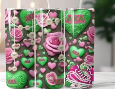 three bags with different designs on them and one has pink roses, green leaves and hearts