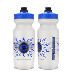 two white and blue water bottles with black caps on the top one has an electric symbol