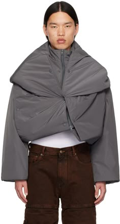 Insulated polyester taffeta jacket. Integrated extended hood-style overlay for alternate styling. Press-stud fastenings throughout. · Layered construction · Stand collar · Two-way zip closure · Logo bonded at front · Welt pockets · Concealed bungee-style drawstring at cropped hem · Welt pocket at interior · Full taffeta lining Supplier color: Stone gray Transformation Garment, Gray Jacket Outfit, Grey Jacket Outfit, Fashion Transformation, Hood Style, Grey Denim Jacket, Taffeta Jacket, Layered Hoodie, Dewalt Tools