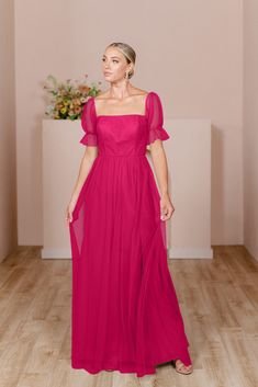 Model: Molly; Size: 4 Hot Pink Chiffon Dress, Hot Pink Wedding Dress, Bright Pink Bridesmaid Dresses, Hot Pink Bridesmaid Dresses, Hot Pink Bridesmaids, Pink Chiffon Dress, Wedding Parties Colors, Hot Pink Weddings, Bridesmaid Dresses With Sleeves