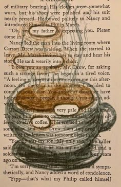 an old book page with a drawing of a stack of pancakes and a cup of coffee