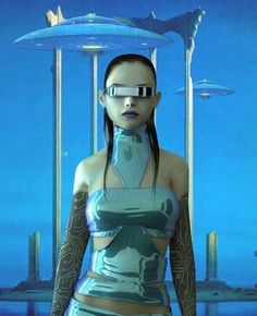 a woman wearing futuristic garb standing in front of an alien city