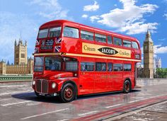 a painting of a double decker bus in london, england with big ben in the background