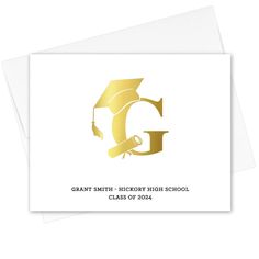 two graduation cards with the letter g in gold foil on top of each card is an envelope