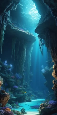 an underwater cave is shown with blue water and corals on the bottom, as well as