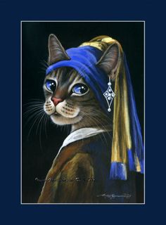 a painting of a cat wearing a blue hat with a pearl earring on it's head