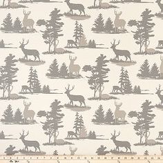 an image of a deer and trees pattern on white fabric with grey background for upholstering or wallpaper