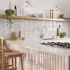 Alchemist Primrose Bevel 52x160 Kitchen Island Tile, Kitchen Island Wall, Rectangular Kitchen Island, Narrow Kitchen Layout, Kitchen Cabinet Color Schemes, L Shaped Shelves, Bevelled Tiles, Rectangular Kitchen, Paris Kitchen