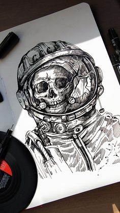 a drawing of an astronaut skull wearing a space suit and holding a record in his hand