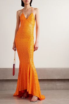 Elegant Floor-length Orange Gown For Party, Fitted Orange Gown For Evening, Orange Floor-length Gown For Party, Fitted Orange Gown For Prom, Fitted Orange Gown For Party, Fitted Orange Maxi Dress For Party, Fitted Orange Evening Dress For Gala, Orange Maxi Length Party Gown, Orange Maxi Length Gown For Party