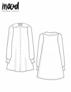 the front and back view of a women's dress with long sleeves, collared neck