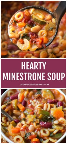 hearty minestone soup in a white bowl with a spoon