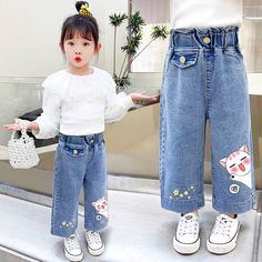 Jeans 2022, Girls Long Skirts, Clothes Spring, Celana Jeans, Loose Trousers, Printed Jeans