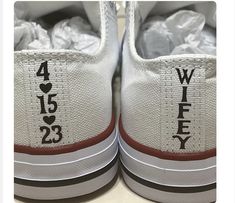 Elevate your shoe style with our customizable Iron On Decals for the rear seam of your shoes. Personalize your Converse shoes with options like Wedding Date, Name (up to 5 or 6 letters), Mrs., Mr., Bride, Groom, or I Do. Choose your preferred decal color and font number, ensuring a unique touch to your footwear. Measuring approximately 1.5" x 0.4", these decals come in a set of 2 and can be customized to fit your specifications. Please confirm the decal size compatibility with your shoes, as replacements cannot be provided for incorrect sizes. If you need a different size, feel free to message us for customization. By default, decals will come in a vertical orientation unless otherwise specified. The order includes step-by-step application instructions. Note that this listing is for the de Wedding Shoes Personalized, Bride And Groom Converse, Groom Converse, Painted Shoes Diy, Wedding Converse, Font Number, Baby Bling, Shoes Diy, Custom Nikes