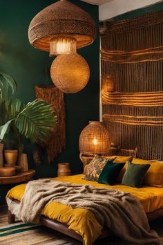 a bedroom decorated in green and yellow with wicker lamps hanging above the headboard