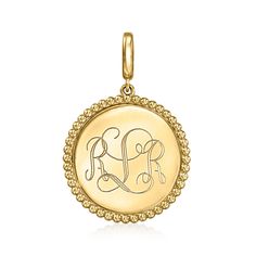 Monogram - Gabriel Designs 14kt Yellow Gold Circle Pendant. From Gabriel Designs, this darling 14kt yellow gold circle pendant is a special piece to call your own. Glossy with a high-polished finish, the classic charm features a FREE engraving of a monogram in your choice of block or script type. Hinged bale fits up to a 3mm chain, sold separately. Gabriel Designs 14kt yellow gold personalized circle pendant. Monogram Pendant, Script Type, Gold Monogram, Gold Circle, Initial Jewelry, Circle Pendant, Monogram Initials, Old And New, Initials