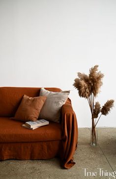 Cinnamon linen sofa slipcover and pillowcases