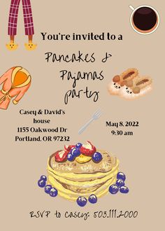 an advertisement for pancakes and pajamas party with food on the table, including blueberries