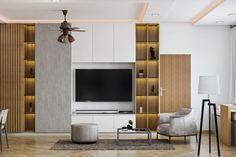 modern living room with white and wood accents