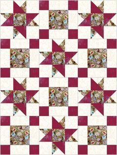 a red and white patchwork quilt with stars on the front, in different colors