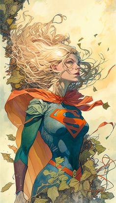 a painting of a woman with blonde hair wearing a superman costume and flying leaves around her neck