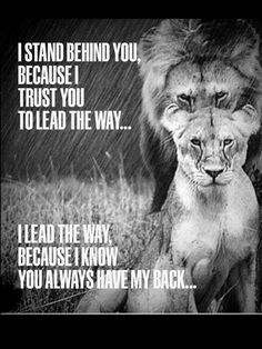 two lions standing next to each other on a field with the words, i stand behind you