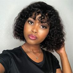 Asteria Hair Bang Bob Deep Wave Wigs are made by human hair deep wave hair weaves, human hair machine made wigs with a bang are affordable, popular, cute wigs. Deep Wave With Bangs, Bang Bob, Curly Fringe, Hair Bang, Hair Machine, Clip In Hair Pieces, Dunner Wordend Haar, Brazilian Hair Wigs