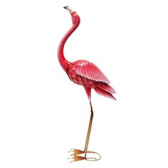 a pink flamingo standing on top of a metal stand