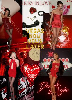 a collage of photos with women in red dresses and neon signs on the wall