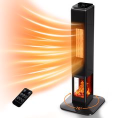 an image of a stove with flames coming out of it and a remote control on the side