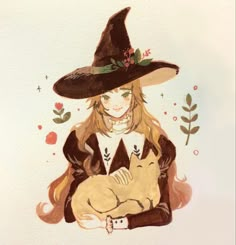 a drawing of a woman in a witches hat holding a cat