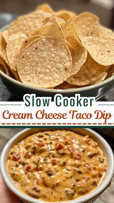 Slow Cooker Cream Cheese Taco Dip Queso And Beef Dip, Cheese Queso Dip Crock Pots, Taco Chip Dip Recipes, Crock Pot Taco Dip Ground Beef, Hot Dip For Tortilla Chips, Ground Beef Dip Cream Cheese, Game Day Tacos, Velveeta And Cream Cheese Dip, Chili Dip With Cream Cheese Crock Pot