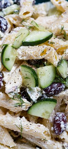 pasta salad with cucumbers, olives and feta cheese