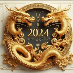 two golden dragon on a black and gold clock with chinese writing in the middle that says, happy new year