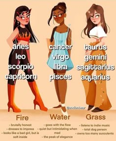 three girls with different names for their zodiac signs, and one girl is wearing high heeled boots