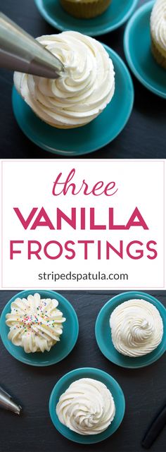 three vanilla frosting cupcakes on blue plates