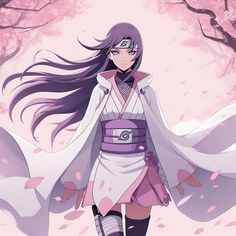 an anime character with long purple hair walking in front of pink trees and leaves on the ground