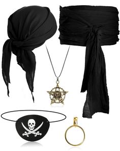 a black outfit with gold accessories including a skull and crossbones