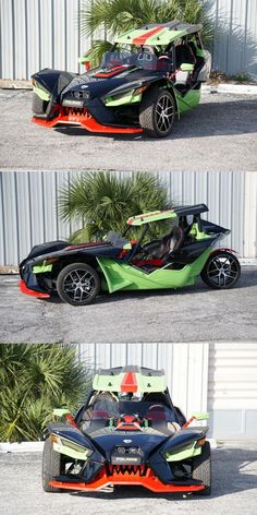 three different views of an orange and green sports car