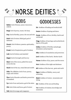 a poster with the words, gods and goddesss in black ink on white paper