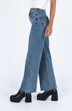 Vintage-wash nonstretch jeans feature a high waist, raw hems and relaxed, full-length straight legs for a look that's very of-the-moment. 28 1/2" inseam; 20" leg opening; 12" front rise; 15" back rise (size 8) Zip fly with button closure Five-pocket style 100% cotton Machine wash, tumble dry Imported Highrise Jeans, High Rise Jeans, Princess Polly, Straight Leg Jeans, Leg Jeans, Full Length, High Waist, Straight Leg, Size 10