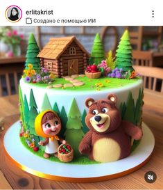 there is a cake decorated with two bears and a girl in the forest on it