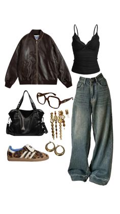 Outfit jean baggy Dac bag noir cuir samba léopard lunette Outfit Inspo Maximalist, Ahs Style Winter, City Life Aesthetic Outfits, 90s Basic Outfits, Ahs Style Aesthetic, Outfit Inspo Aesthetic Grunge, Thrift Inspo Outfits, Outfit Inspo 2025, American High Street Style