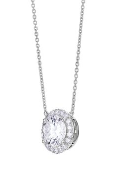 This stunning necklace is crafted with a center lab-grown-diamond pendant that's haloed by sparkling pavé stones and suspended from a delicate chain. 16" length; 2" extender; 3/8" pendant diameter   Total lab-grown-diamond weight: 2ct.   Color: G–J   Clarity: VS   14k gold/lab-grown diamond   Imported   >Diamond Guide Dazzling Solitaire Pendant Necklace With Halo Setting, Diamond White Oval Necklace With Halo Design, Oval Halo Setting Necklace For Formal Occasions, Dazzling Solitaire Necklace With Halo Pendant, Dazzling Diamond Necklace With Oval Pendant, Dazzling Round Pendant Necklace With Halo Setting, Dazzling Necklace With Round Halo Pendant, Dazzling Diamond White Necklaces With Halo Setting, Dazzling Necklace With Halo Design And Round Pendant