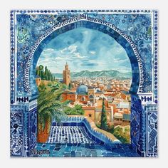 an artistic painting of a blue and white tile window with a view of the city