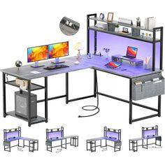 a computer desk with multiple computers on it