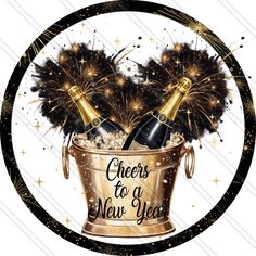 two bottles of champagne in a bucket with fireworks on it and the words cheers to a new year